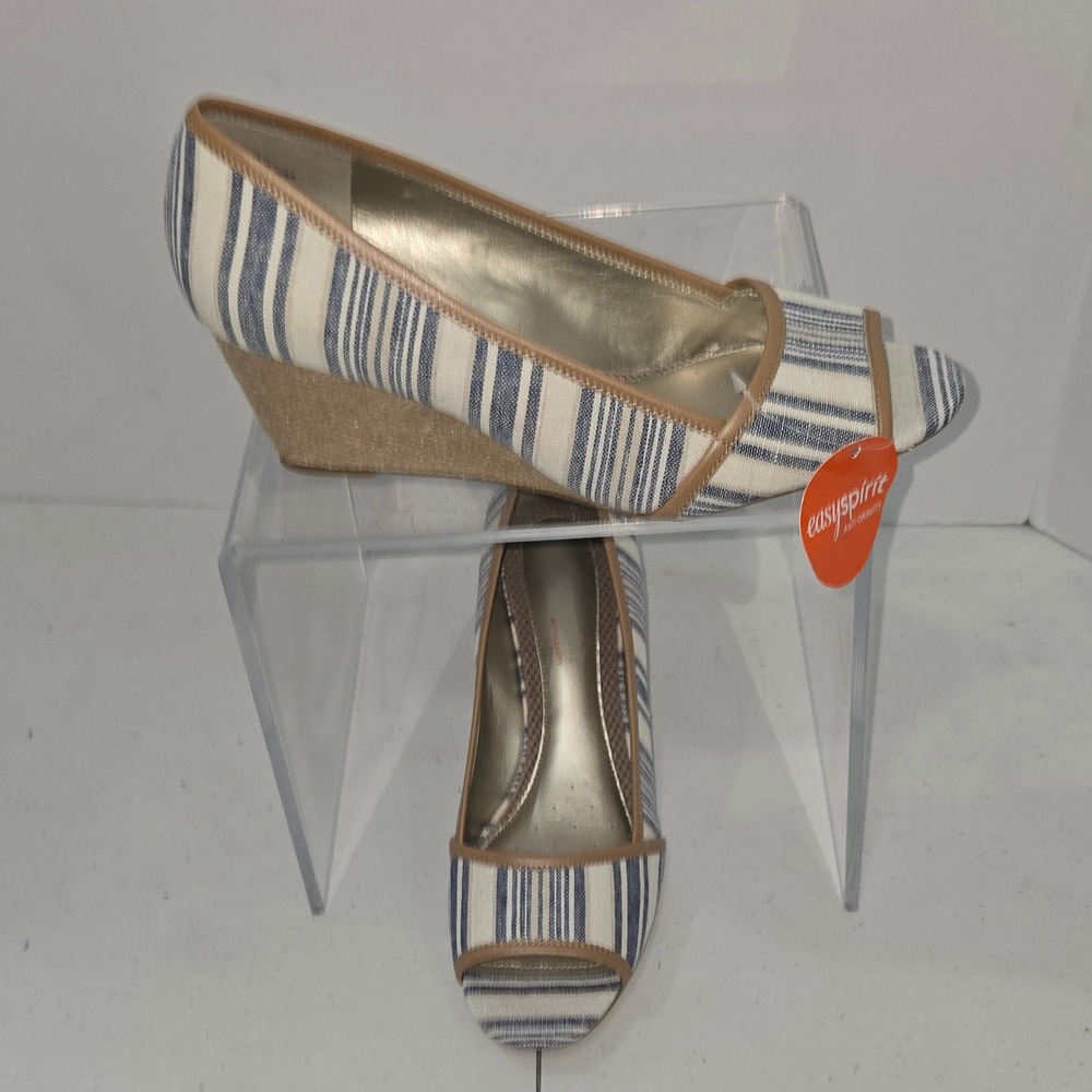 Easy Spirit Anti-Gravity Brigette Wedge Sandals Blue White Striped Peep Toe 8.5M